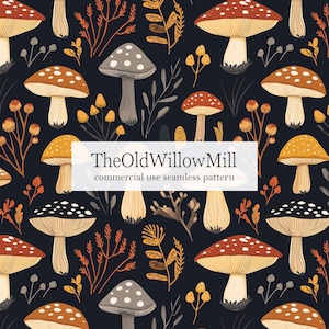 whimsical mushroom seamless file, dark autumn background, seamless mushroom pattern, fall digital paper, woodland custom fabric, botanical