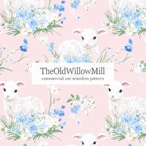 May include: Seamless pattern featuring white lambs surrounded by blue and white flowers on a pink background. TheOldWillowMill text is displayed. The design is suitable for commercial use.