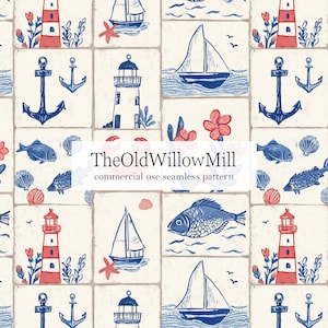 May include: Seamless nautical pattern featuring lighthouses, sailboats, anchors, fish, and seashells in red and blue on a cream background. The text "TheOldWillowMill commercial use seamless pattern" is displayed.
