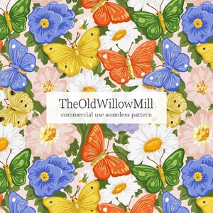 May include: A seamless pattern featuring colorful butterflies and flowers. The design includes yellow, orange, green, and blue butterflies, along with white daisies and pink flowers, all set against a light pink background. The text "TheOldWillowMill commercial use seamless pattern" is also present.
