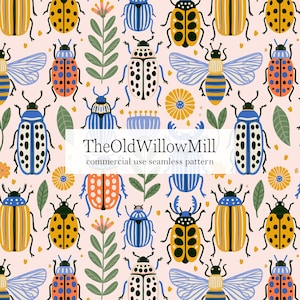 May include: A seamless pattern with a light pink backdrop, showcasing a variety of beetles, flowers, and leaves. The beetles are depicted in shades of yellow, blue, and orange, with intricate wing and body designs. The text "TheOldWillowMill commercial use seamless pattern" is visible.