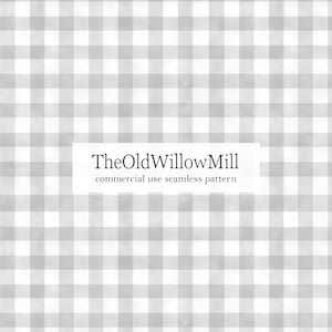 May include: A seamless pattern featuring a gray and white gingham check design. The text "TheOldWillowMill" and "commercial use seamless pattern" are displayed in a white rectangle across the center of the image. The pattern is suitable for various design applications.