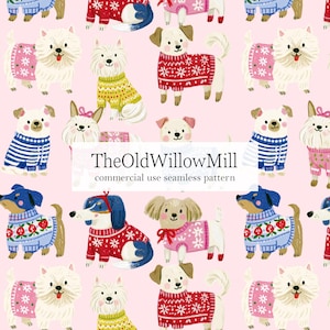 May include: A seamless pattern on a light pink background featuring various illustrated dogs wearing colorful knit sweaters with snowflake and berry motifs. The text TheOldWillowMill commercial use seamless pattern is centered.