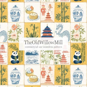 May include: Seamless pattern featuring Asian-inspired illustrations. The design includes pagodas, pandas, bamboo, floral elements, and traditional pottery. The color palette consists of blue, yellow, and white, creating a cohesive and visually appealing design. The text "TheOldWillowMill" is also present.