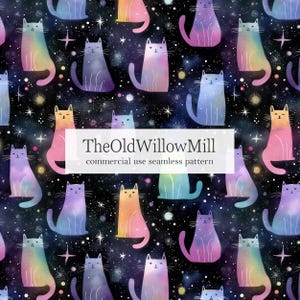 space kitten background, colourful kitten seamless pattern, galaxy cat printable digital file, watercolour pet craft paper, celestial cats