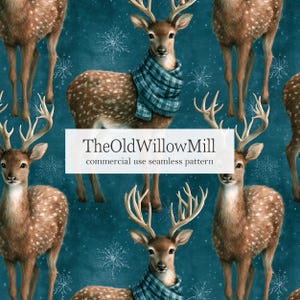 May include: A seamless pattern featuring brown deer with white spots wearing teal plaid scarves against a dark teal background with white snowflake illustrations. The text TheOldWillowMill commercial use seamless pattern is centered.