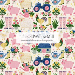 May include: A seamless pattern featuring farm animals and elements. Pink pigs, white sheep, and yellow roosters are interspersed with blue tractors, watering cans, and floral arrangements. The text "TheOldWillowMill commercial use seamless pattern" is visible.
