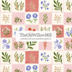 May include: A seamless pattern featuring a grid of squares with alternating pink and cream backgrounds, decorated with hand-painted illustrations of blue flowers, green leaves, and red berries. Text reads TheOldWillowMill commercial use seamless pattern.