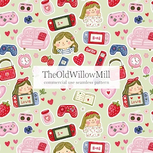 May include: A seamless pattern on a light green background featuring illustrations of handheld gaming consoles, pink sofas, strawberries, alarm clocks, hearts, flowers, and cartoon characters. The text TheOldWillowMill commercial use seamless pattern is centered.