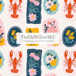 May include: A seamless pattern with orange lobsters, floral designs, and the text "TheOldWillowMill commercial use seamless pattern." The pattern incorporates pink, yellow, and blue floral elements on a cream background.