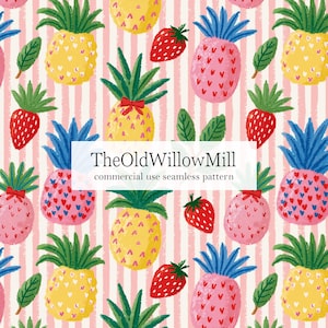 May include: A seamless pattern featuring yellow and pink pineapples with green leaves and red strawberries on a white background with vertical pink stripes. The text TheOldWillowMill commercial use seamless pattern is centered.
