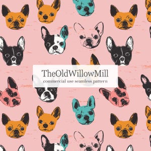 May include: Seamless pattern featuring illustrated dog faces in various colors, including orange, black, pink, and teal, on a light pink background. The text "TheOldWillowMill commercial use seamless pattern" is displayed.
