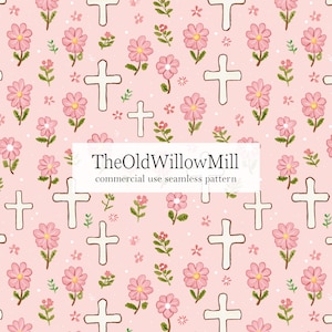 May include: A seamless pattern featuring white crosses, pink flowers, and green foliage on a light pink background. The text "TheOldWillowMill commercial use seamless pattern" is displayed in a white rectangle.