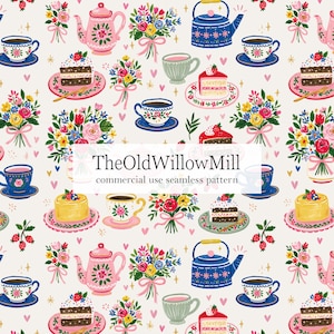 May include: A seamless pattern featuring teacups, teapots, cake slices, and bouquets of flowers in pink, blue, yellow, and red. The text "TheOldWillowMill commercial use seamless pattern" is visible.