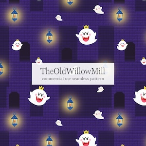 May include: A seamless pattern featuring white ghosts with gold crowns and blue lanterns against a dark purple brick wall background. The text TheOldWillowMill commercial use seamless pattern is centered in a white rectangular overlay.