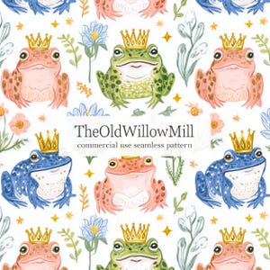 May include: Seamless pattern featuring watercolor illustrations of frogs wearing golden crowns, interspersed with flowers, stars, and foliage. The pattern is in shades of pink, green, and blue on a white background. The text "TheOldWillowMill" is also present.