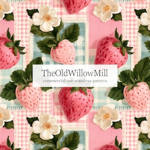 May include: A seamless pattern featuring pink strawberries and white flowers on a background of pink and light blue gingham squares. The text TheOldWillowMill commercial use seamless pattern is centered in a white rectangular overlay.