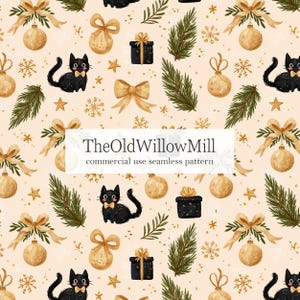 gold Christmas background, black cat seamless pattern, seamless Christmas cat digital file, festive craft paper, seamless pet holiday print
