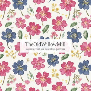 May include: A seamless pattern featuring watercolor flowers in shades of pink and blue, with yellow accents and green leaves, set against a cream background. The text "TheOldWillowMill commercial use seamless pattern" is displayed in a white rectangle.