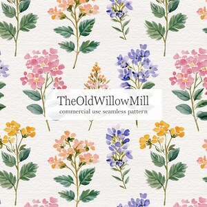 Puede incluir: Patrón floral acuarela sin costuras con flores rosas, naranjas, amarillas y moradas con hojas verdes sobre un fondo blanco. Se muestra el texto "TheOldWillowMill commercial use seamless pattern".