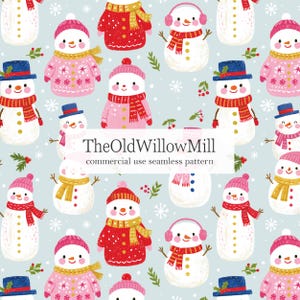 May include: A seamless pattern featuring illustrated snowmen on a light blue background with white snowflakes and holly sprigs. The snowmen wear various hats, scarves, and sweaters in red, pink, and yellow. Text reads TheOldWillowMill commercial use seamless pattern.