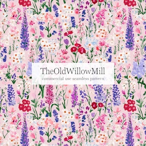 pink wildflower background, preppy meadow digital file, purple summer floral digital paper, seamless pattern, printable cottagecore paper