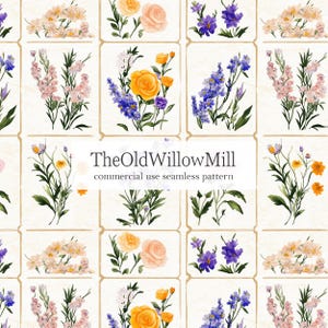 Op de afbeelding: Naadloos patroon met aquarel bloemstukken. Het ontwerp bevat rozen, lavendel en andere bloemen in tinten geel, roze, paars en wit. De tekst "TheOldWillowMill commercial use seamless pattern" is zichtbaar.