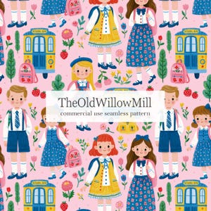 May include: A seamless pattern on a pink background featuring illustrations of children in school uniforms, yellow school buses, pink backpacks, strawberries, and flowers. The text reads TheOldWillowMill commercial use seamless pattern.