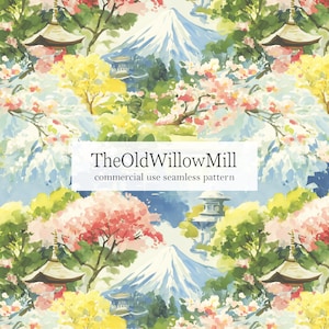 May include: Watercolor seamless pattern featuring a Japanese landscape with Mount Fuji, pagodas, and cherry blossoms. The design includes text that reads "TheOldWillowMill commercial use seamless pattern."