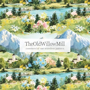 Puede incluir: Patrón sin costuras de acuarela con un paisaje con un río, montañas y flores. El texto "TheOldWillowMill commercial use seamless pattern" se muestra en un rectángulo blanco.