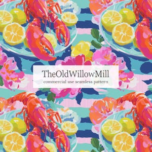 Puede incluir: Patrón sin costuras con ilustraciones de langostas, limones y flores rosas sobre un fondo a rayas. El texto "TheOldWillowMill commercial use seamless pattern" está presente. El diseño tiene un tema veraniego y costero.