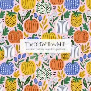 May include: A seamless pattern featuring colorful pumpkins, berries, and foliage on a pink background. The pumpkins are in various colors and styles, including orange, yellow, white, and blue. The text "TheOldWillowMill" is visible.