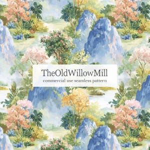 May include: Watercolor seamless pattern featuring a landscape with blue mountains, trees, and a river. The design includes the text "TheOldWillowMill" and "commercial use seamless pattern" in a white rectangle.