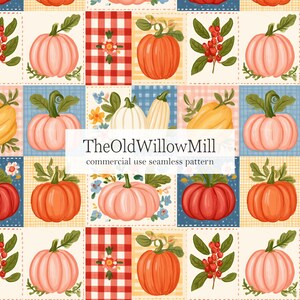 Könnte beinhalten: Ein nahtloses Muster mit einem Raster aus Illustrationen, darunter orangefarbene, rosa und weiße Kürbisse, rote Beeren und florale Motive auf karierten Hintergründen. Der Text TheOldWillowMill commercial use seamless pattern ist zentriert.