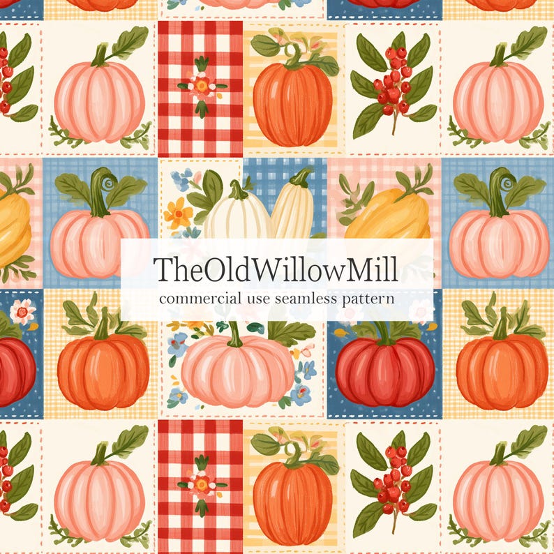 Puede incluir: Un patr&oacute;n sin costuras que presenta una cuadr&iacute;cula de ilustraciones que incluyen calabazas naranjas, rosas y blancas, bayas rojas y motivos florales sobre fondos a cuadros. El texto TheOldWillowMill commercial use seamless pattern est&aacute; centrado.