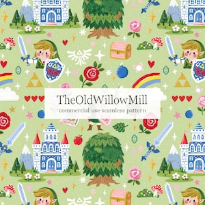 May include: A light green seamless pattern featuring cartoon characters with swords and shields, blue castles, treasure chests, red roses, rainbows, hearts, and stars. The text reads TheOldWillowMill commercial use seamless pattern.