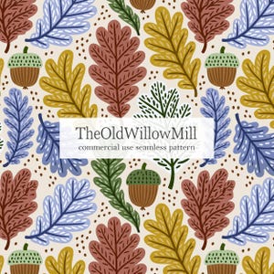 Könnte beinhalten: Nahtloses Muster mit stilisierten Blättern und Eicheln in Braun-, Gelb-, Blau- und Grüntönen auf cremefarbenem Hintergrund. Der Text "TheOldWillowMill commercial use seamless pattern" wird in einem weißen Rechteck angezeigt.