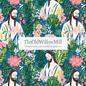 Könnte beinhalten: Nahtloses Muster mit einer sich wiederholenden Illustration einer Figur mit langen Haaren und Bart, umgeben von rosa Blumen und grünem Laub auf dunkelblauem Hintergrund. Der Text "TheOldWillowMill" und "commercial use seamless pattern" sind ebenfalls vorhanden.
