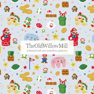 May include: A light blue seamless pattern featuring illustrations of Mario, Bowser, Yoshi, Piranha plants, gold coins, game controllers, and bricks. The text TheOldWillowMill commercial use seamless pattern is centered on the image.