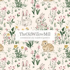 Peut inclure: Un motif sans couture avec des illustrations à l'aquarelle de lapins, de fleurs sauvages et de verdure. Le motif comprend des éléments roses, jaunes et verts sur un fond crème. Le texte central indique "TheOldWillowMill commercial use seamless pattern."