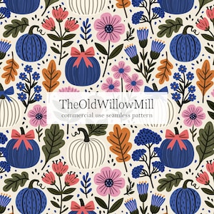 May include: A seamless pattern featuring pumpkins, flowers, and leaves in a fall color palette. The design includes blue pumpkins with red bows, pink and blue flowers, and orange and green leaves. The text "TheOldWillowMill commercial use seamless pattern" is in the center.
