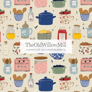 Può includere: Un motivo ripetuto con illustrazioni a tema cucina. Include pentole blu, barattoli e tazze, insieme a un forno rosa e bottiglie. Il design presenta il testo "TheOldWillowMill commercial use seamless pattern".