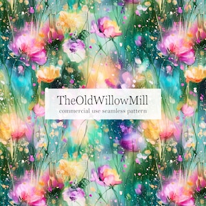 May include: A seamless pattern featuring an abstract floral design with pink, yellow, and purple flowers against a teal and green background. A white rectangular overlay displays the text TheOldWillowMill commercial use seamless pattern.