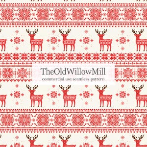 May include: A seamless pattern featuring red reindeer and snowflake motifs on a cream background. The text TheOldWillowMill commercial use seamless pattern is centered over the repeating design of deer and geometric floral shapes.