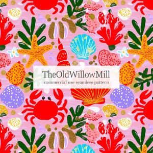May include: A seamless pattern featuring a variety of sea creatures and elements. The design includes red crabs, starfish, seashells, and coral in shades of red, orange, blue, and gold, set against a pink background. The text "TheOldWillowMill" is present.