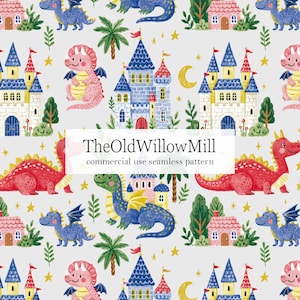 Peut inclure: Motif répétitif avec des châteaux, des dragons, des maisons, des palmiers, des étoiles et des lunes bleus, rouges, roses, verts et jaunes sur fond gris clair. Le texte "TheOldWillowMill commercial use seamless pattern" est présent.