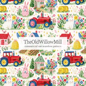 May include: A seamless pattern featuring a whimsical farm scene. Red tractors, pink and white bunnies, houses, hay bales, and bouquets of flowers are scattered across a cream background. The text "TheOldWillowMill commercial use seamless pattern" is also present.