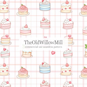 Puede incluir: Patrón sin costuras con ilustraciones de acuarela de pequeños pasteles con varios adornos, incluyendo fresas y corazones. Los pasteles son de color rosa, blanco y azul, sobre un fondo de cuadrícula rosa claro. También está presente el texto "TheOldWillowMill commercial use seamless pattern".