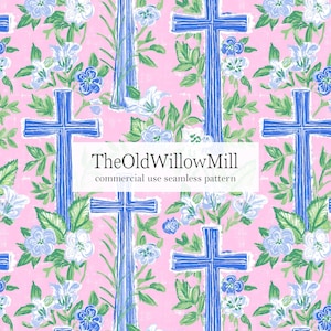 seamless boho Christian print, seamless blue cross pattern, Jesus digital pattern, preppy faith fabric design, floral church background tile