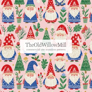 May include: A seamless pattern on a light pink background featuring illustrated gnomes with white beards, red or blue hats, and blue outfits, interspersed with green pine trees and red berries. Text reads: TheOldWillowMill commercial use seamless pattern.
